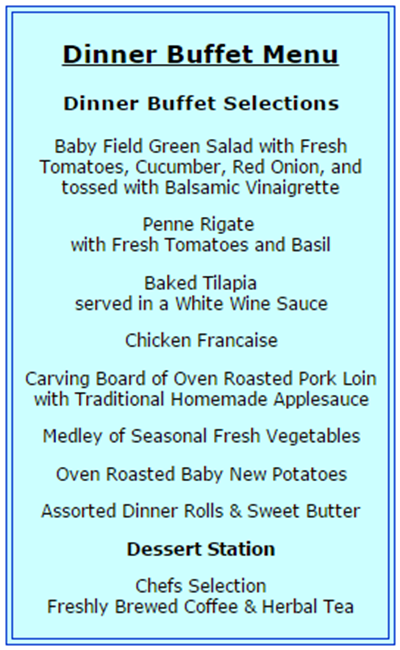 NY yacht 110-dinner buffet menu